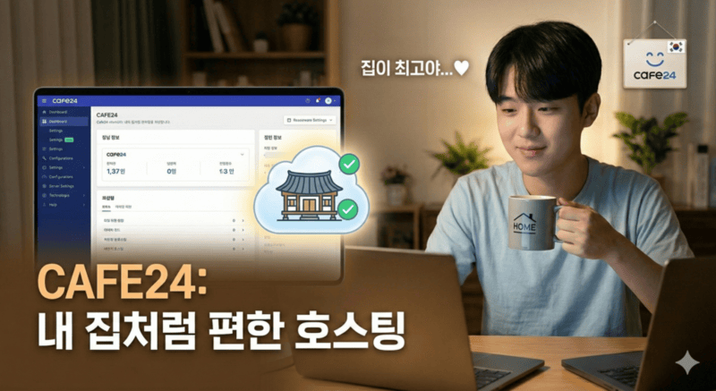 서준이 카페24에서 호스팅을 이용하며 집처럼 편안한 환경에서 온라인 비즈니스를 시작하는 모습.