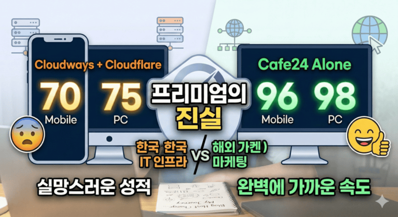 클라우드웨이즈와 카페24의 성능 차이 비교 이미지.